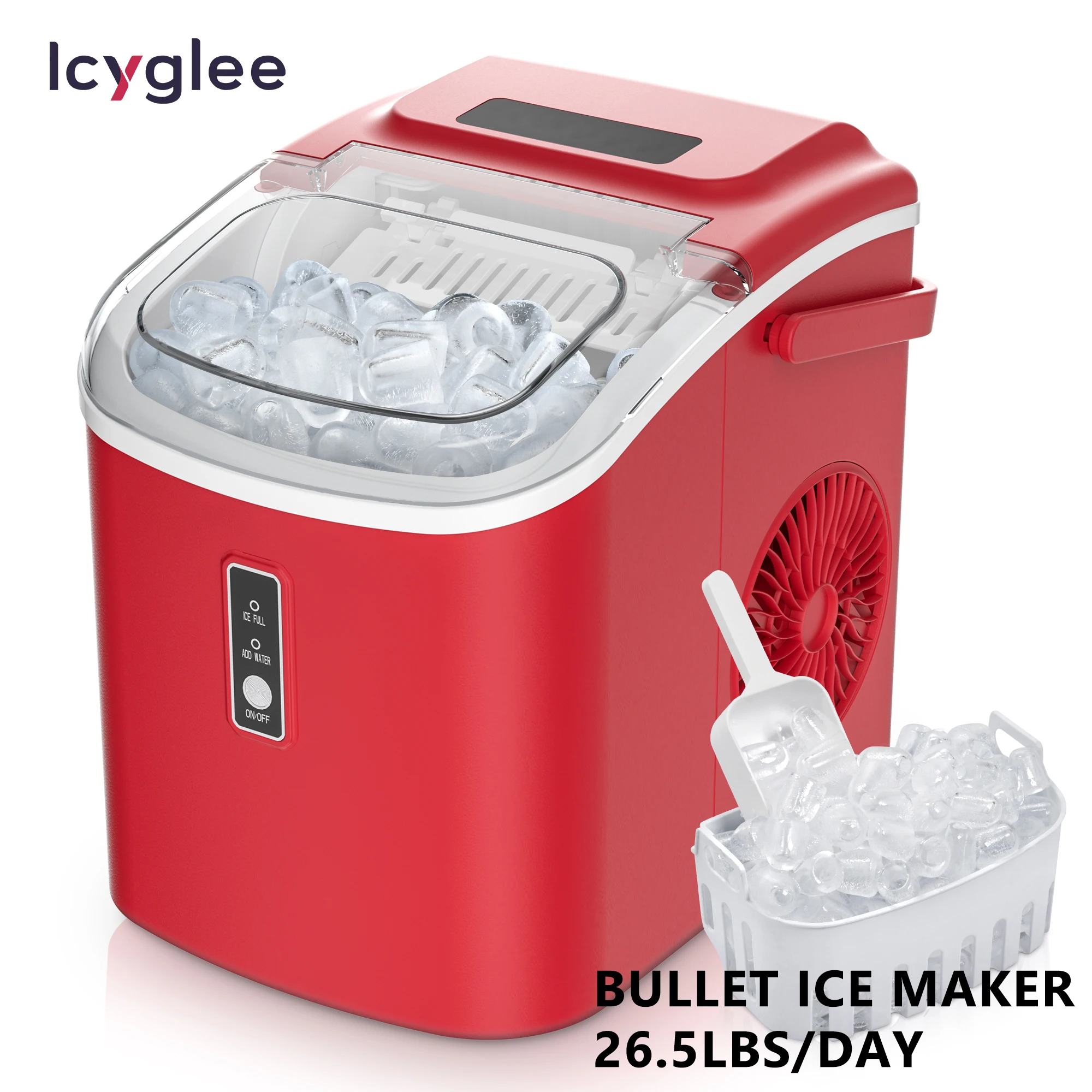 ICYGLEE Portable Ice Machine 26.5lbs/Day 9 Cubes in 6 Mins Ice Maker Machine Countertop Auto-Cleaning for Home Kitchen Camping