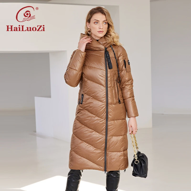 HaiLuoZi 2022 New Women\'s Winter Jacket Long Warm Windproof Hooded Zipper Quilted Casual Slim Cotton Lady Parkas Women Coat 6055