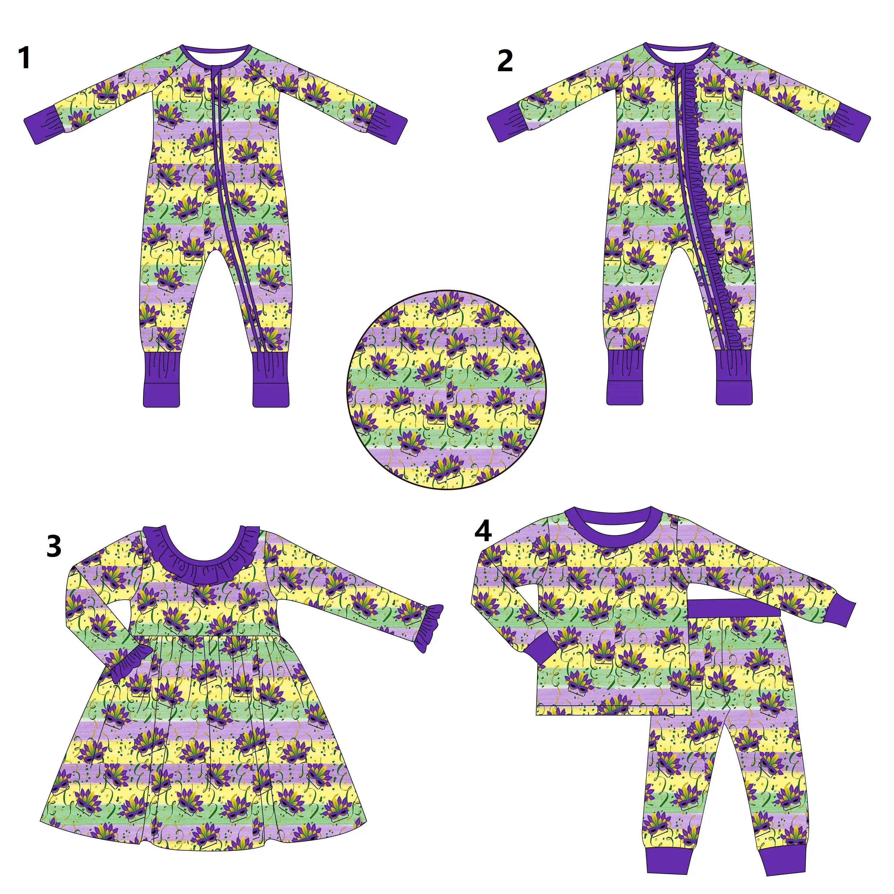 Mardi Gras Purple Yellow Green Striped print Boys Girls Long Sleeve suit Baby onesie Siblings Suit