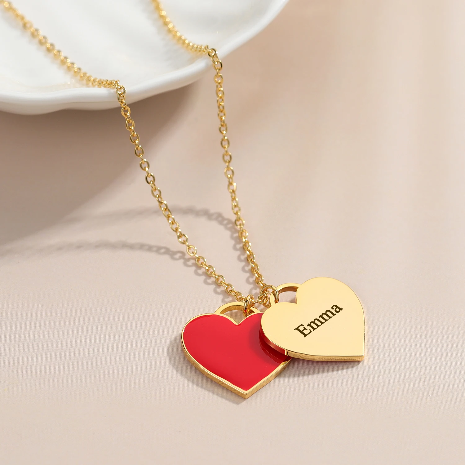 

Valentine's Day Gift For Couple Custom Enamel Heart Necklace Personalized Engraved Name Pendant 18K Gold Plated Delicate Jewelry