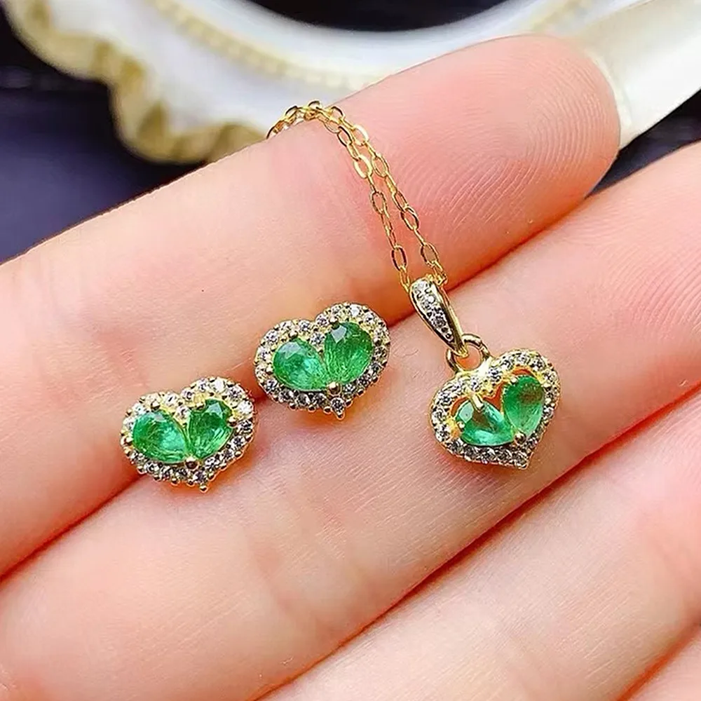 

KJJEAXCMY S925 Pure Silver Inlaid Natural Colombian Emerald Heart-shaped Women's Earrings Necklace Set High Clarity Support Test