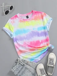 Women Fashion Tie Dye Round Neck Tee Short Sleeve TShirt 3D Rainbow Print Tshirt Summer Oversized Casual Loose Trend Streetwear