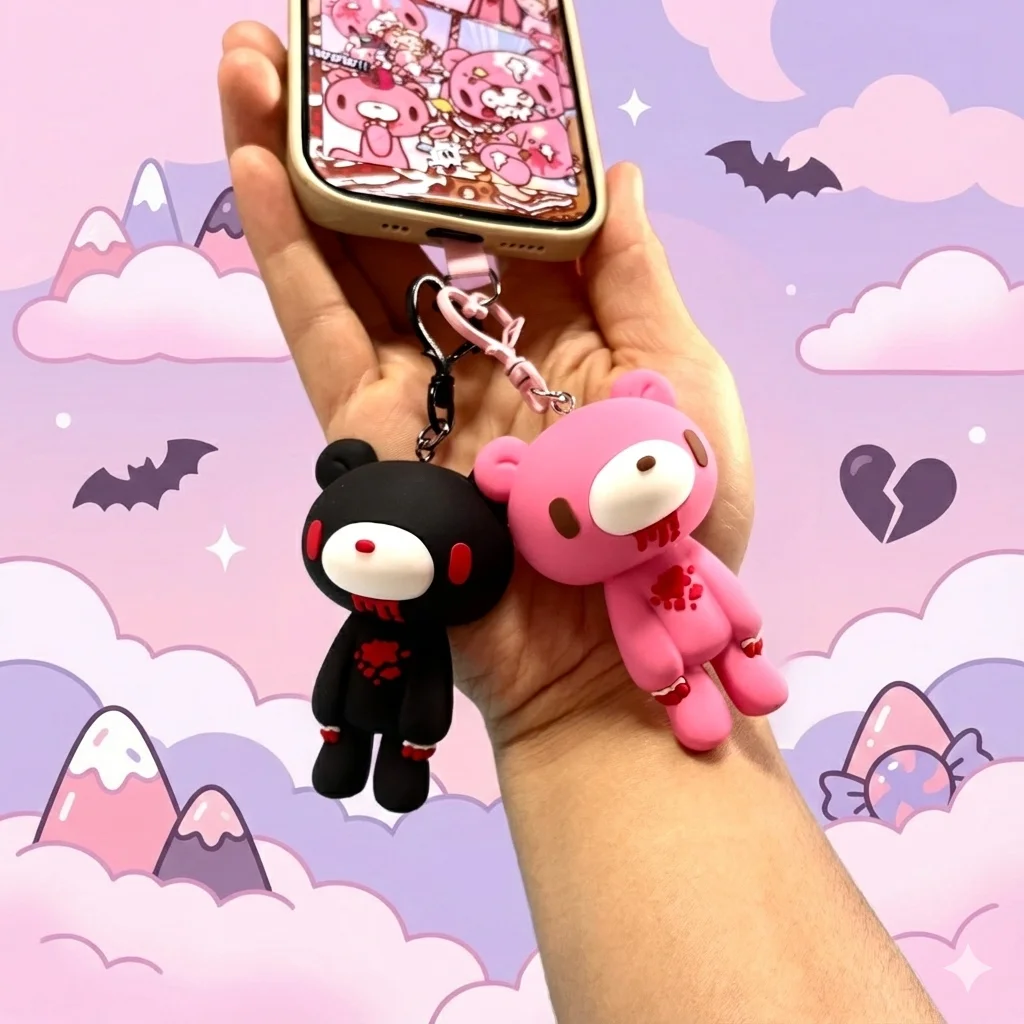 

Cute Violent Bear Phone Strap Y2K Pink Black Gloomy Bear Keychain Silicone Bloody Doll Pendant Bag Charm Accessories Couple Gift