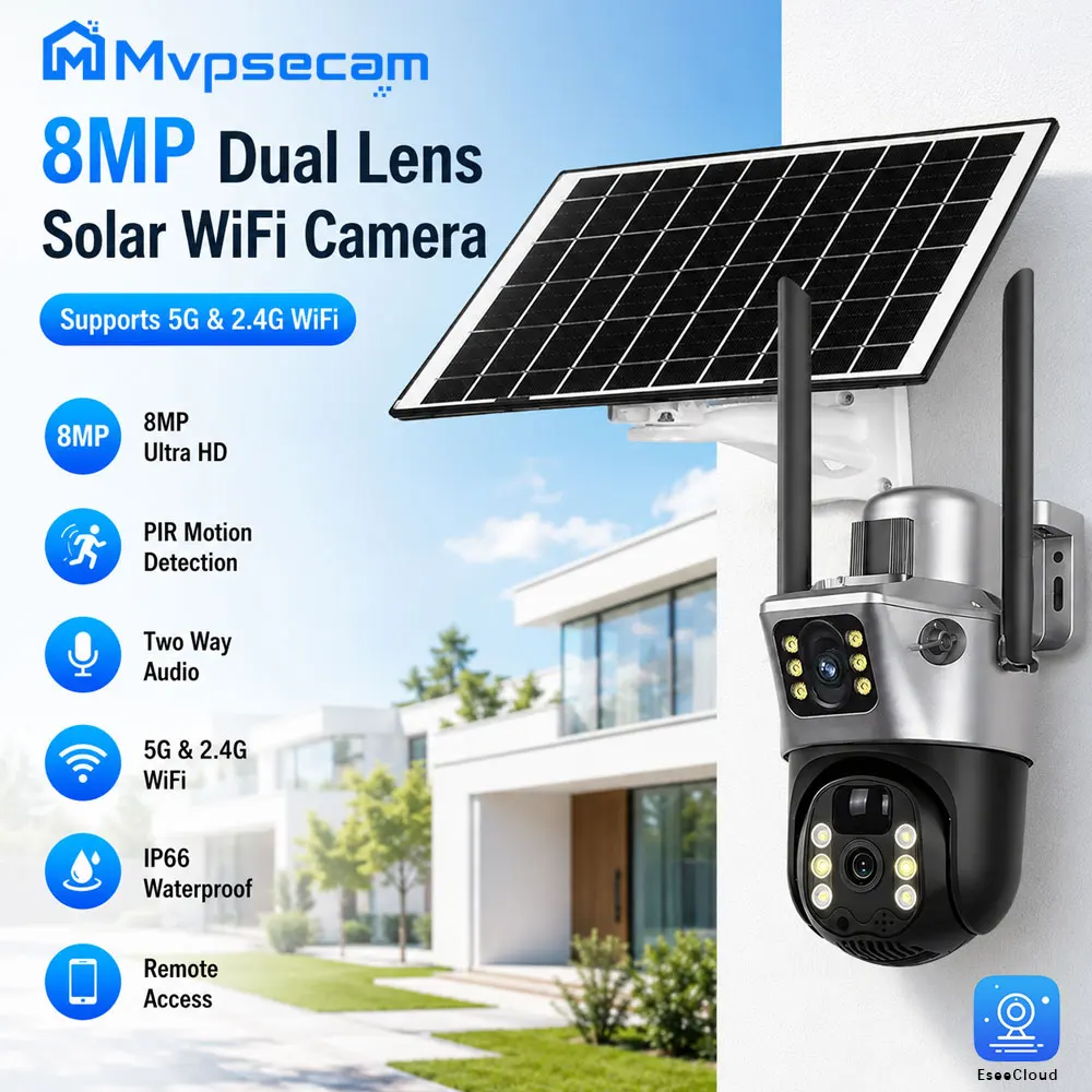 Caméra de sécurité IP PTZ WiFi solaire extérieure 8MP à double objectif avec connexion double bande 5GHz 2.4GHz, détection de mouvement PIR, audio bidirectionnel, étanche IP66, visualisation à distance pour l'entrée de la maison, le patio, la ferme, le magasin, la cour et système de surveillance de la propriété