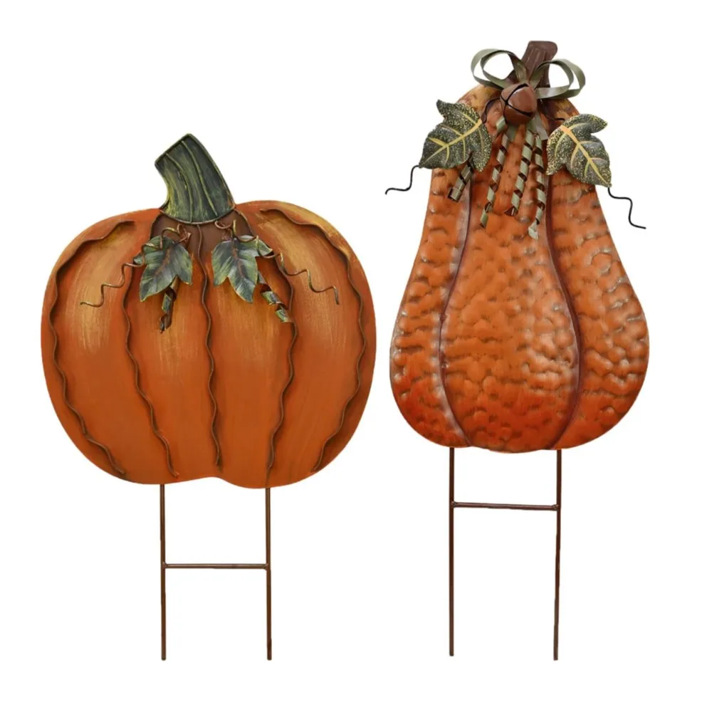 

2pcs 17.5" 20" Height Metal Pumpkin Garden Stakes Fall Decorative Yard Signs Indoor Outdoor Plant Flower Lawn Stakes