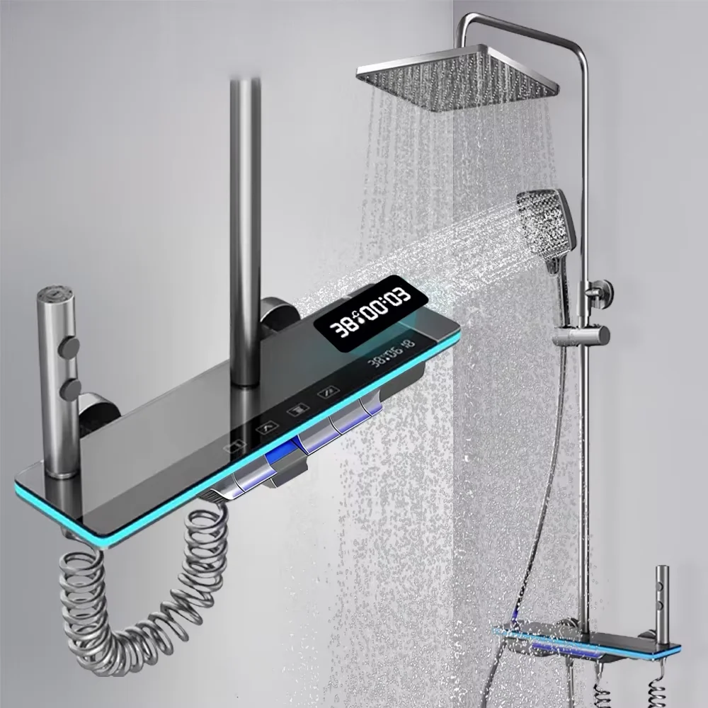 Luxuriöses Badezimmer-Duschsystem mit Beleuchtung, Duschset aus gehärtetem Glas, Digitalanzeige, Kupfer-Mischbatterie, Duscharmatur-Set