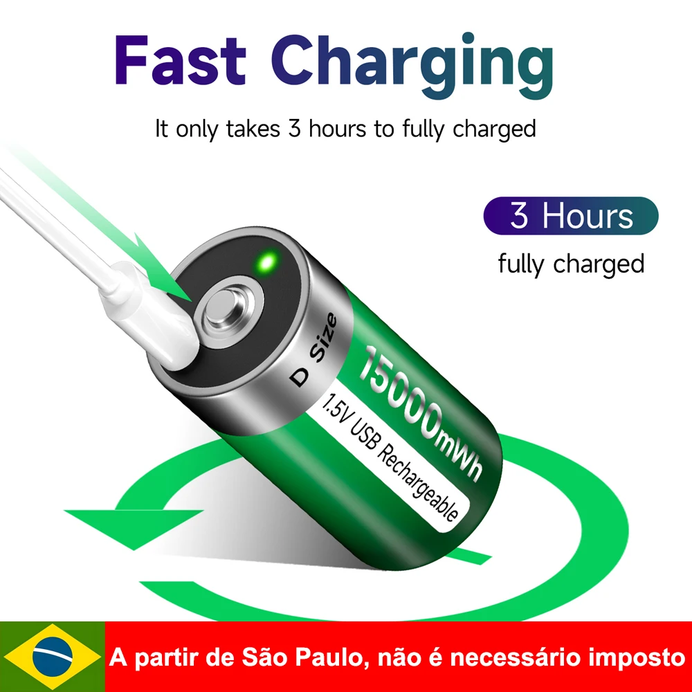 Bateria Recarregável de Lítio PALO 1-6PCS 1.5V Tamanho D 15000mWh, Baterias Li-ion Tipo D LR20 com Cabo USB Tipo C
