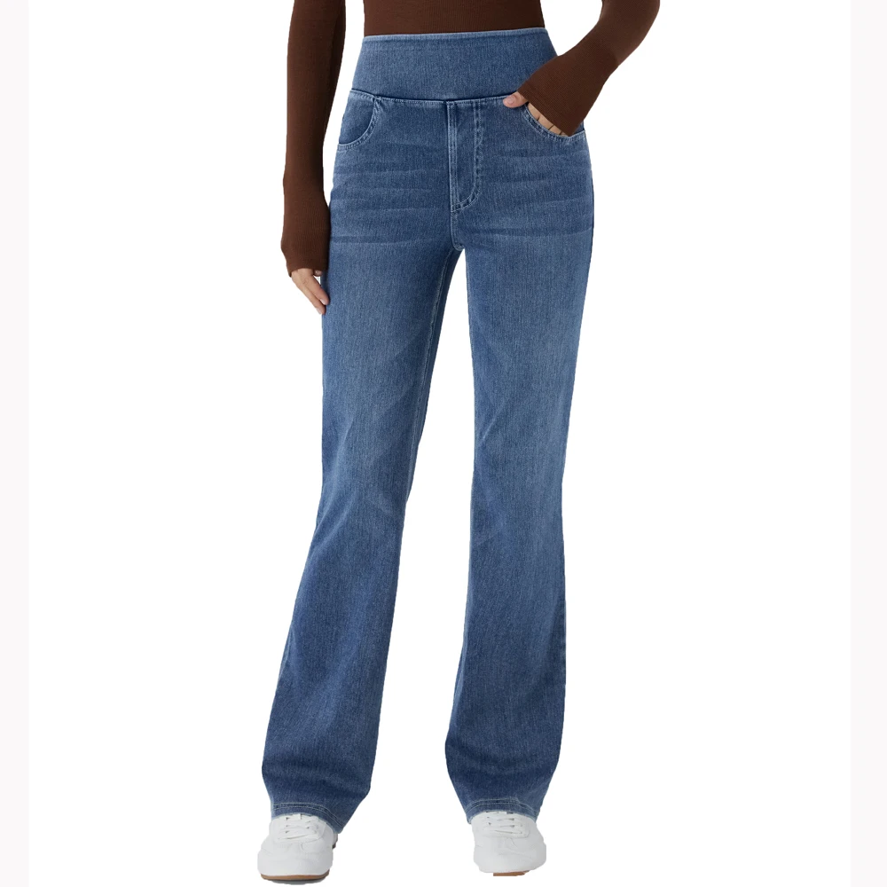 Shascullfites High-Waisted Bootcut Jeans Pull-On Tummy Control Multiple Pockets Blue Washed Stretchy Knit Casual Jeans