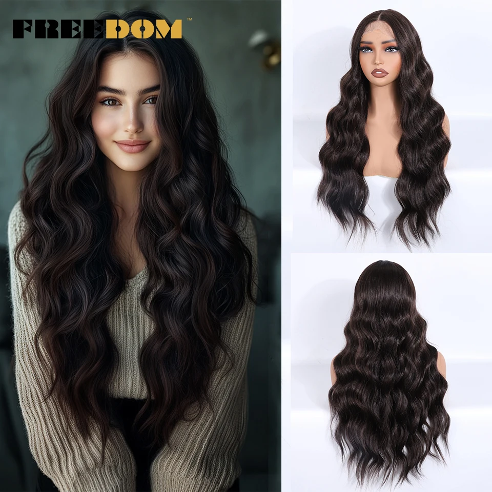 

FREEDOM Synthetic Lace Front Wigs For Black Women Loose Body Wavy Lace Wig End Straight 28" Long Ombre Brown Blonde Cosplay Wigs