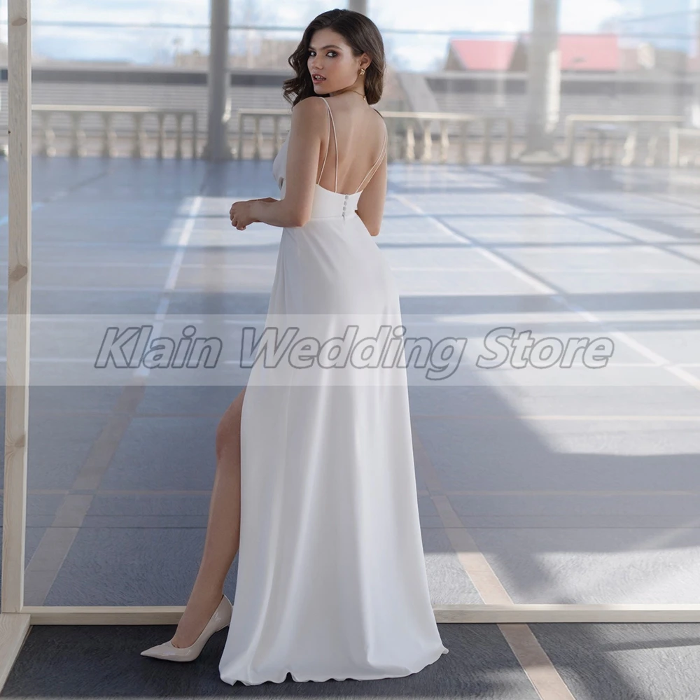 Weilinsha Sexy Deep V Neck Jersey Wedding Dress Ladies Sleeveless Pleats Split Bridal Gowns with Open Back Robe De Mariee 2023