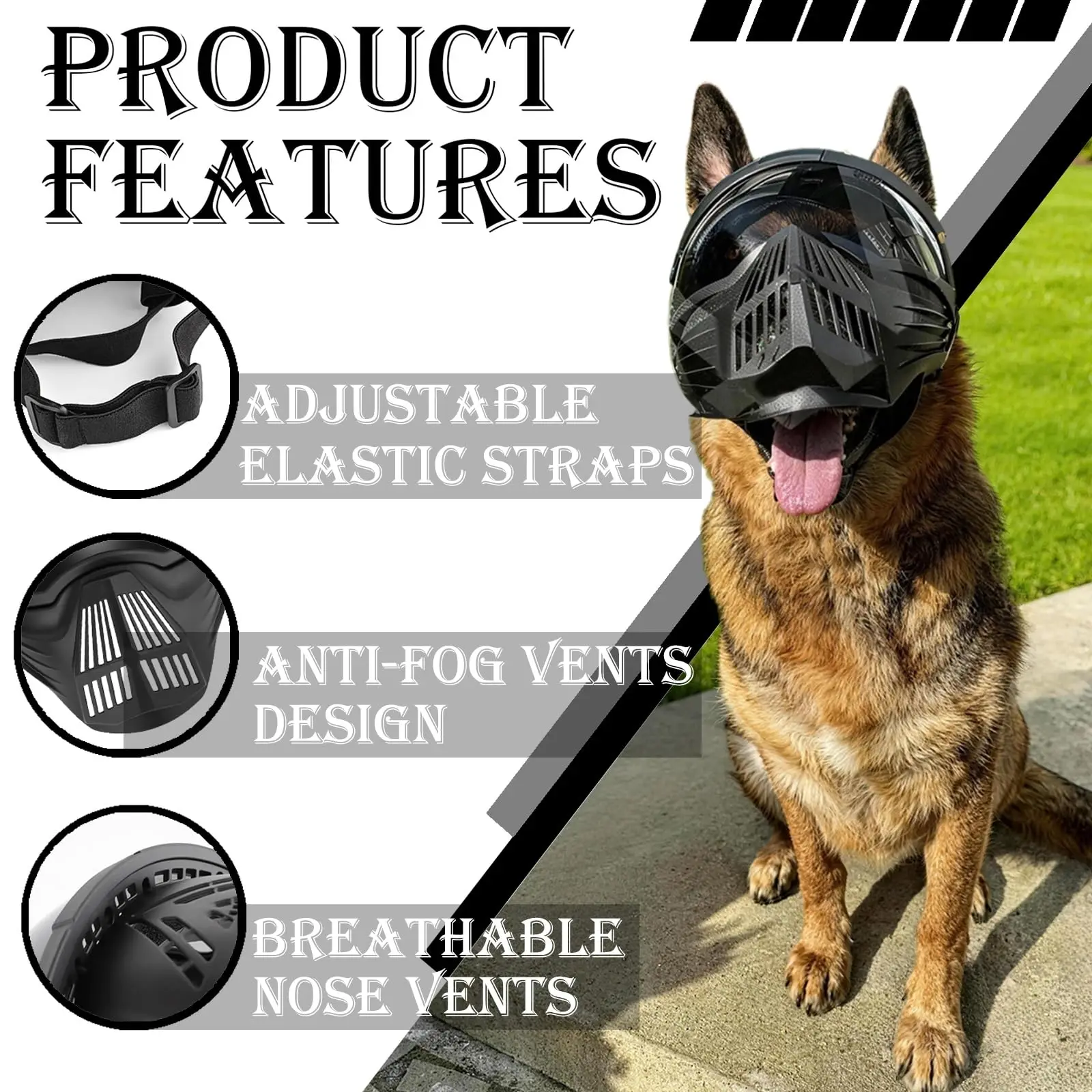 

Тактическая защитная маска для собак: полнолицевая защита с накладкой на пасть, солнцезащитные очки, регулируемый ремешок, для крупных и средних собак