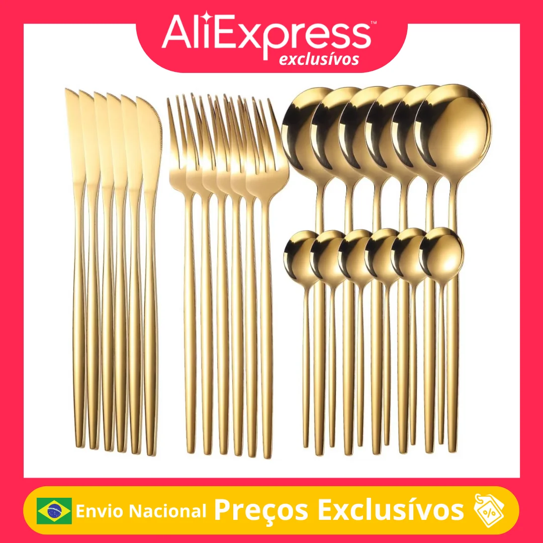 24 Peças Talheres Dourado Aço Inox Garfo Colher Faca Mesa Jogo Completo Elegante Durável Conjunto Prático Almoço Jantar