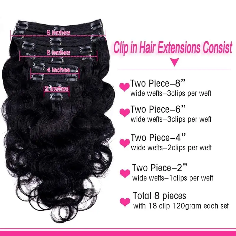 Extensiones de Cabello con Clip de onda corporal para mujer, cabello humano Real, 100% brasileño, sin costuras, 120 gramos