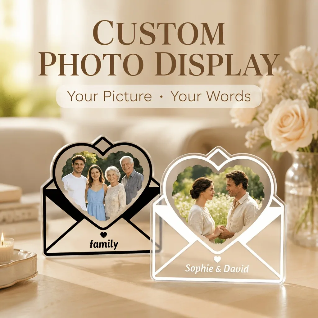 [2D flat] Custom heart-shaped photo acrylic block, envelope style, desktop decoration. Personalize it with your photos and text