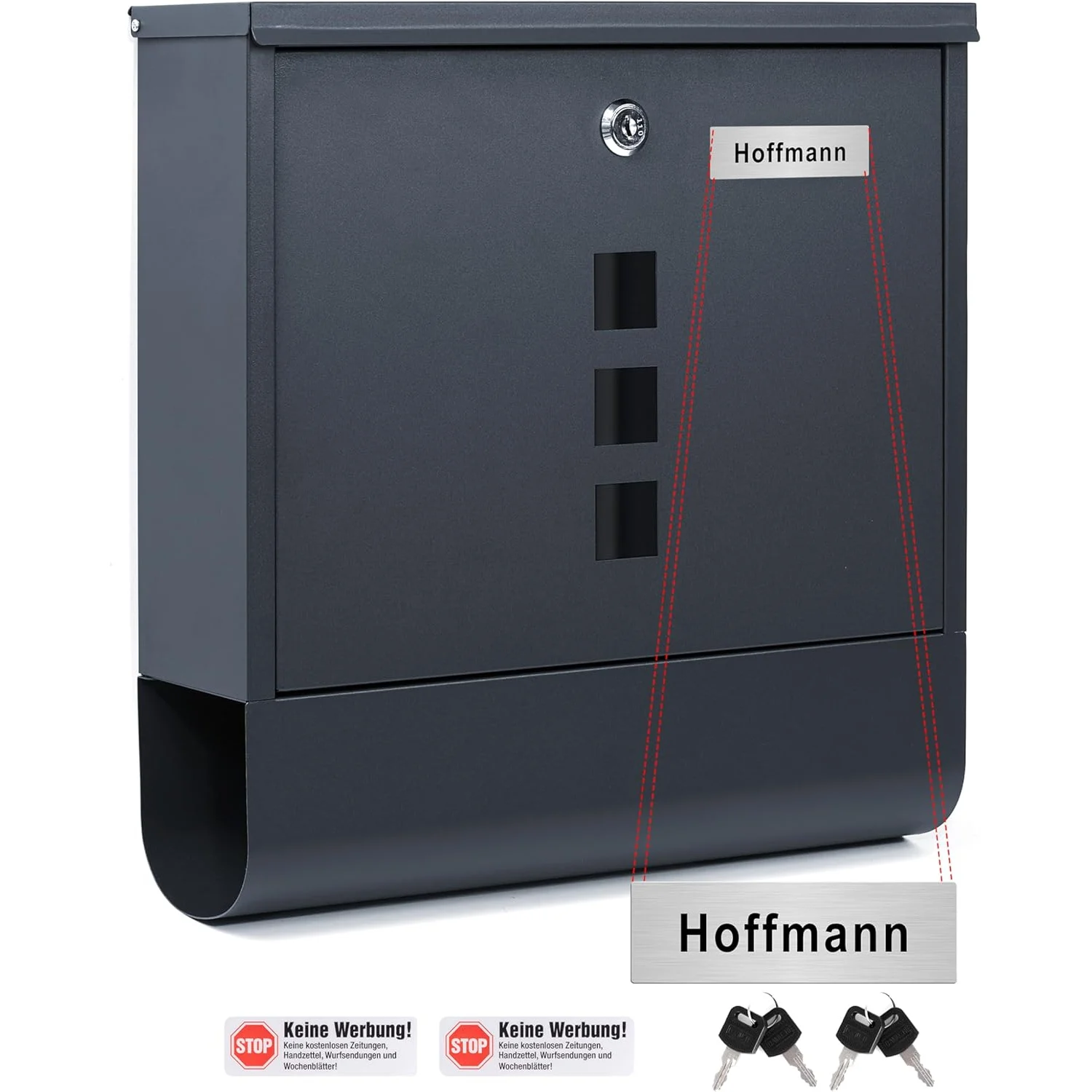 XXL Wandbriefkasten Anthrazit mit Zeitungsfach, Metall Briefkasten für DIN B5 & C4, Sichtfenster, Schloss mit 4 Schlüsseln, Wetterfest, Wandmontage
