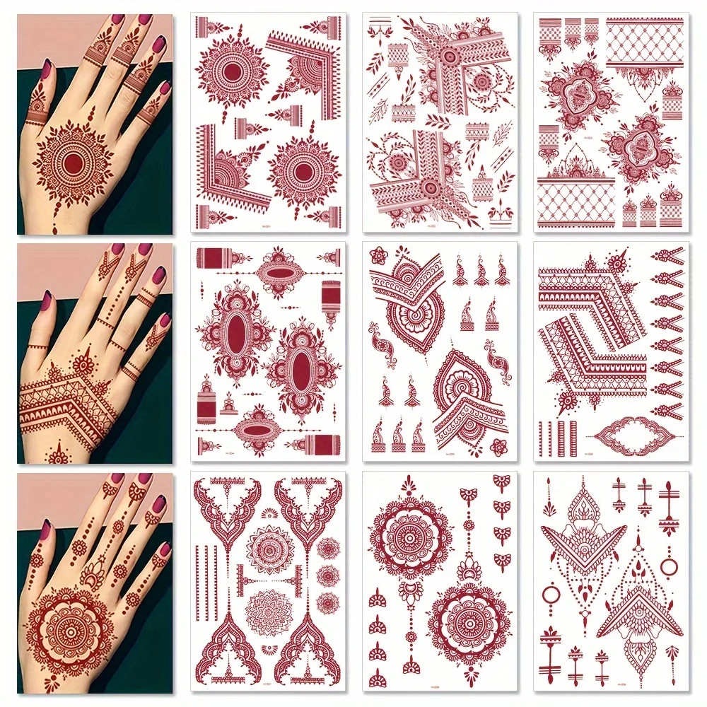 Red Vintage Henna Temporary Tattoo For Hands Women Body Art Fake Tattoo Lace Finger Tattoo Stickers For Indian Mehndi Festival