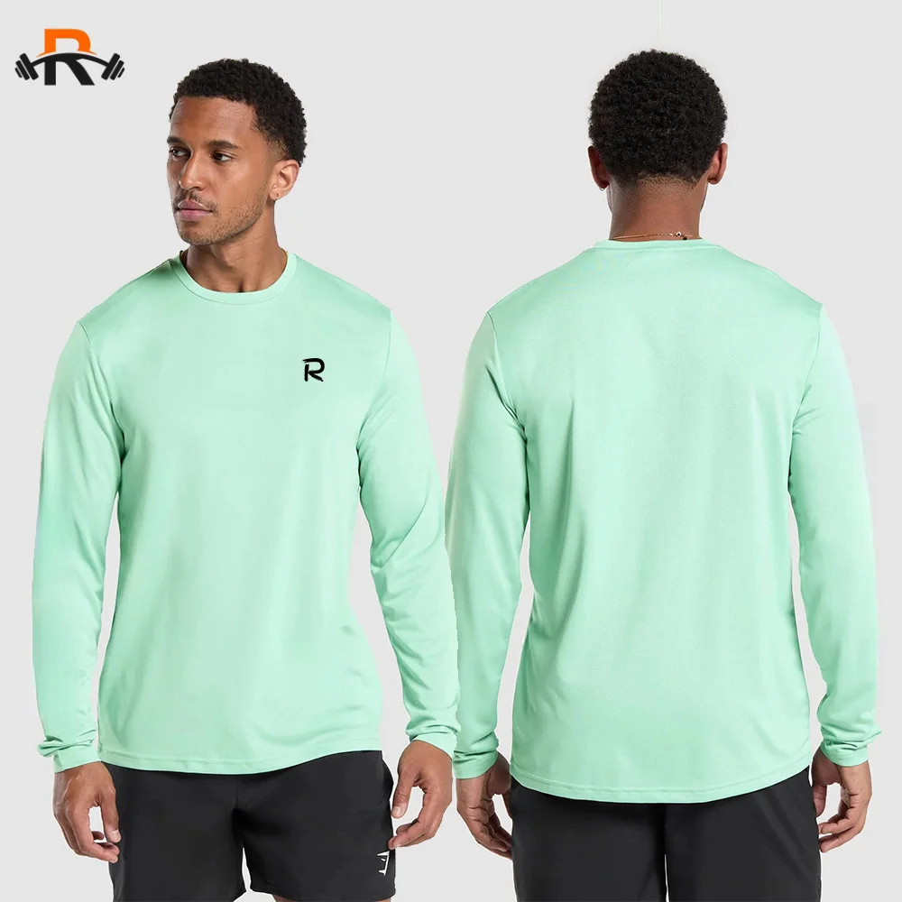 New Men's Sports Long Sleeve Shirts Sports Workout Tops Quick Dry Fabric Running Shirts Loose Fitness Bottom Shirts Solid Colour