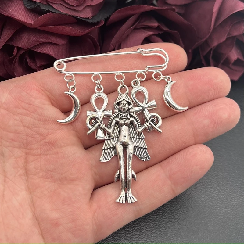 Lilith | Inanna | Ishtar | Brooch / Pin - Burney Relief Lilith Vampire Demonic Satanic Gothic Occult Inanna Witch Gift Moon Ankh
