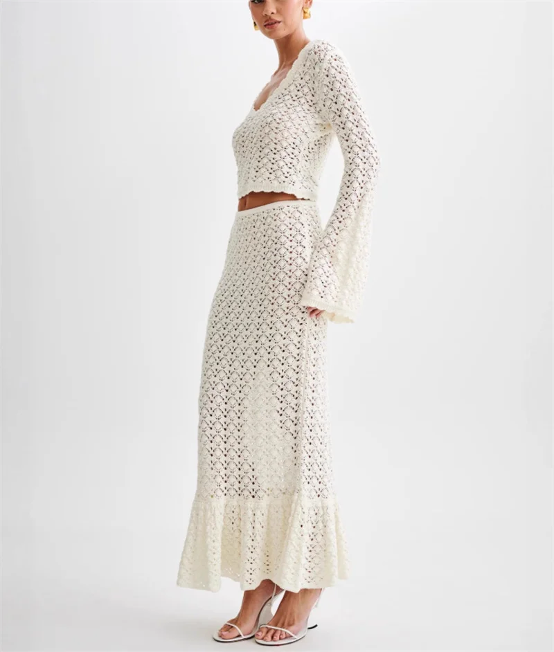 2 pezzi abito in maglia con balza da spiaggia top corto sexy a maniche lunghe e gonna a vita alta avvolgente da salone copricostume bikini all'uncinetto cavo da donna