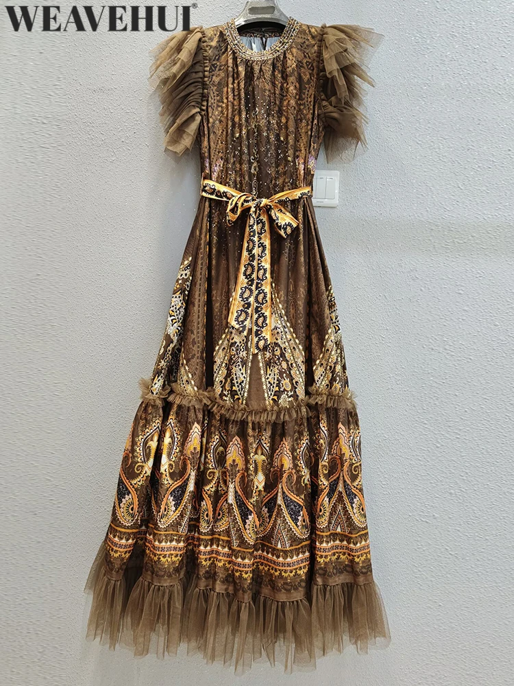 WEAVEHUI Damen O-Ausschnitt Bedrucktes Kleid mit Hotfix-Strass Schnürung und Gürtel Sommer Vintage Elegantes Maxikleid