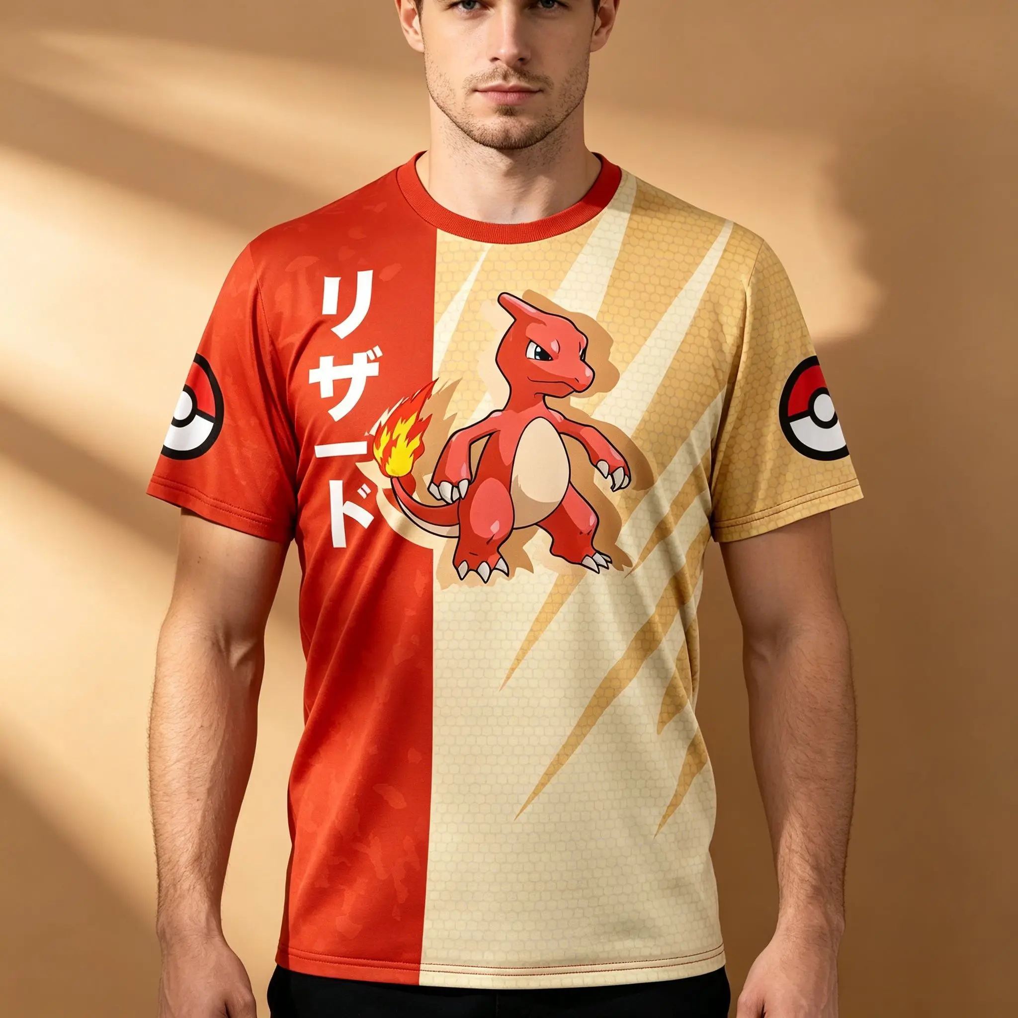 camiseta-masculina-com-estampa-de-anime-sublimada-em-dois-tons-estampa-de-pokemon-charmeleon-pokeball-nas-mangas-kanji-japones-vertical