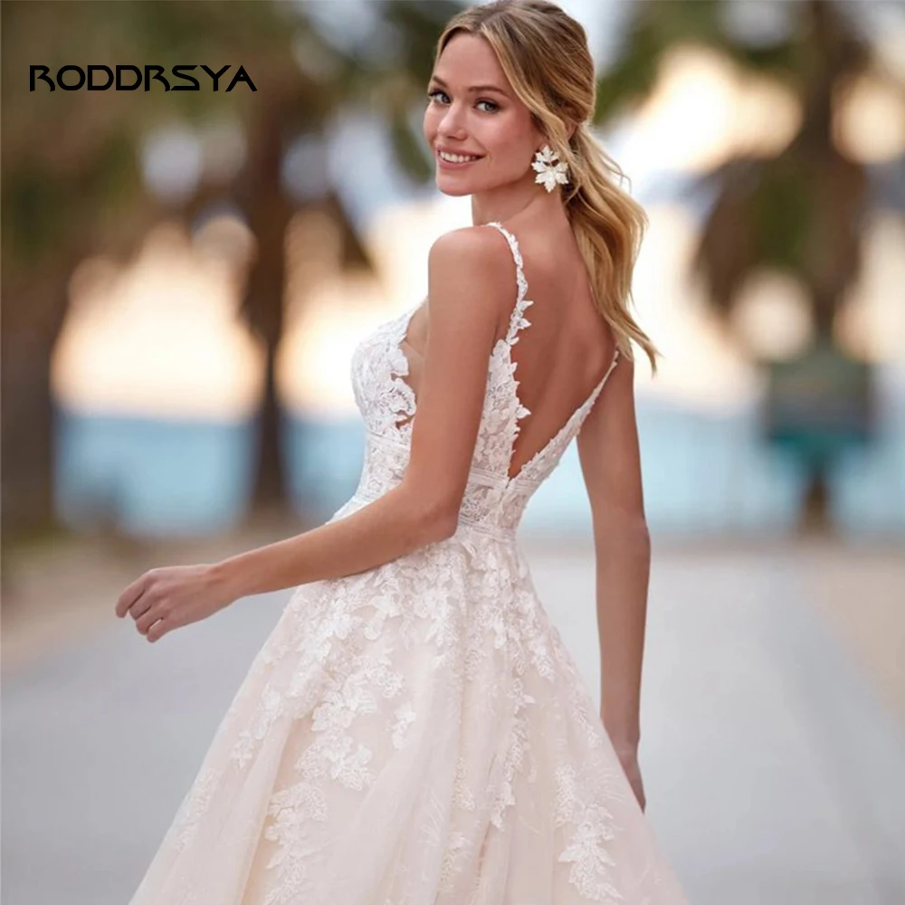 RODDRSYA-Robe de mariée dos nu à col en V avec appliques A-Line pour femmes, dentelle de luxe pour les patients, fête éducative, sur mesure, 2024 Robe de mariée dos nu à col en V avec appliques A-Line pour femmes, dent