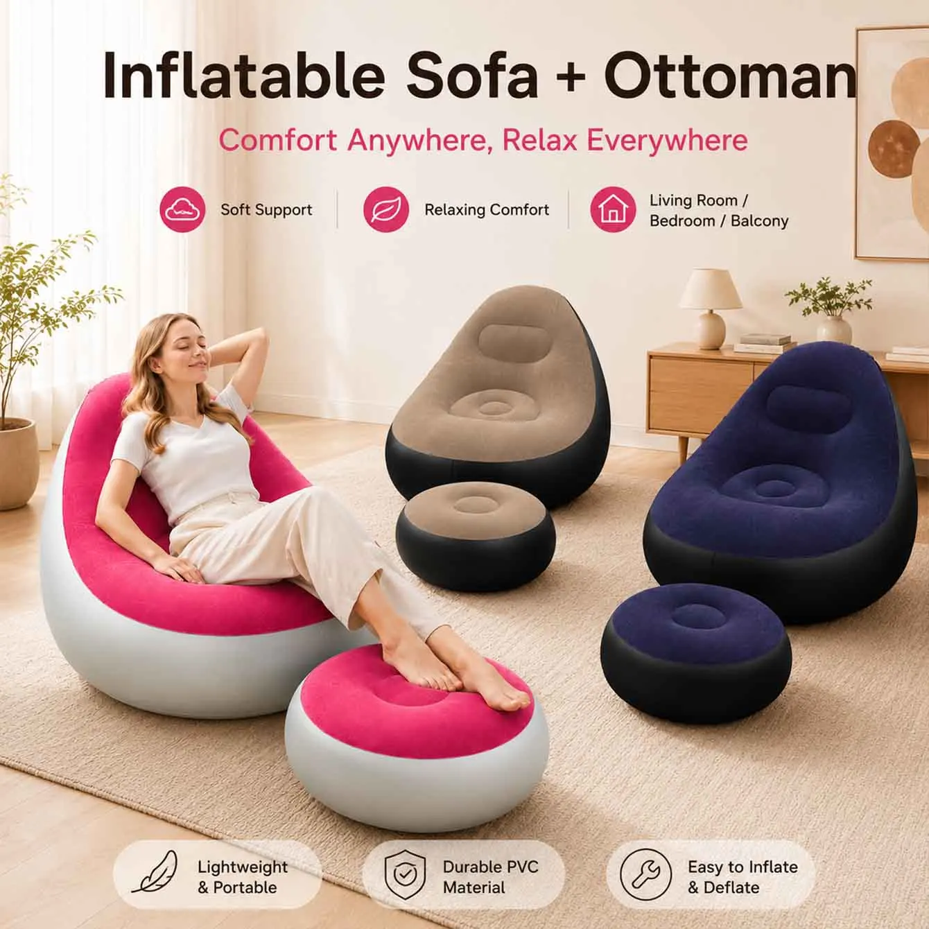 Inflatable Chair for Adults,Portable Inflatables Chairs with Ottoman,Flocked Surface inflatables Couch,Waterproof Blow Up chair