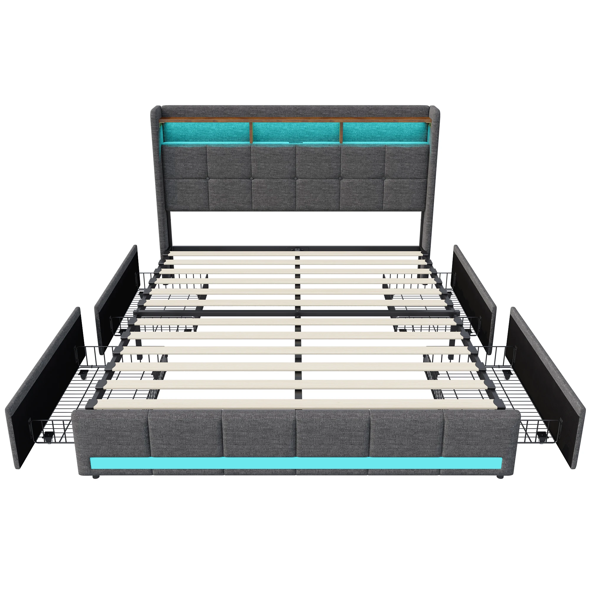 Anajqaqia 140 x 200 cm gepolstertes Doppelbett mit 4 Rollschubladen, modernes Bettgestell für Erwachsene, stilvolles Kopfteildesign mit Leinenstoff