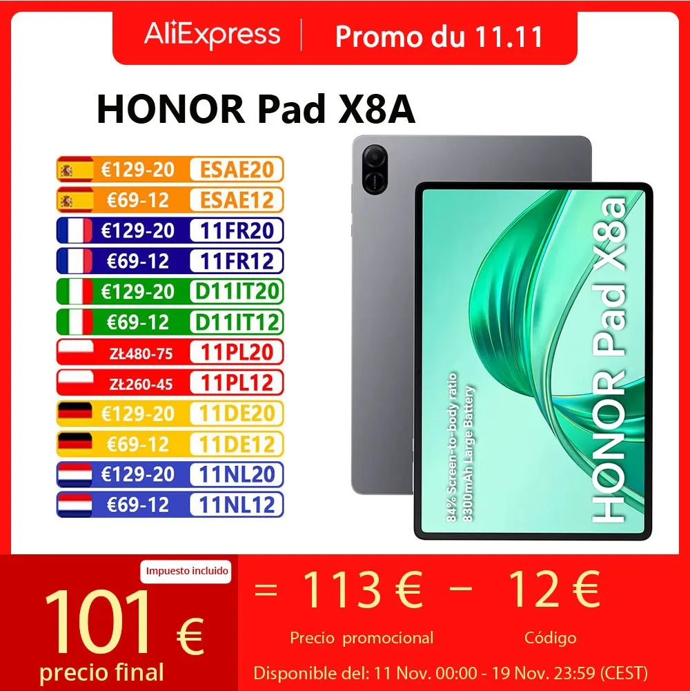 تابلت HONOR Pad X8a WIFI إصدار الاتحاد الأوروبي Snapdragon 680 4GB 128GB 11 بوصة 90 هرتز عرض 8300 مللي أمبير بطارية أندرويد 14 واي فاي تابلت