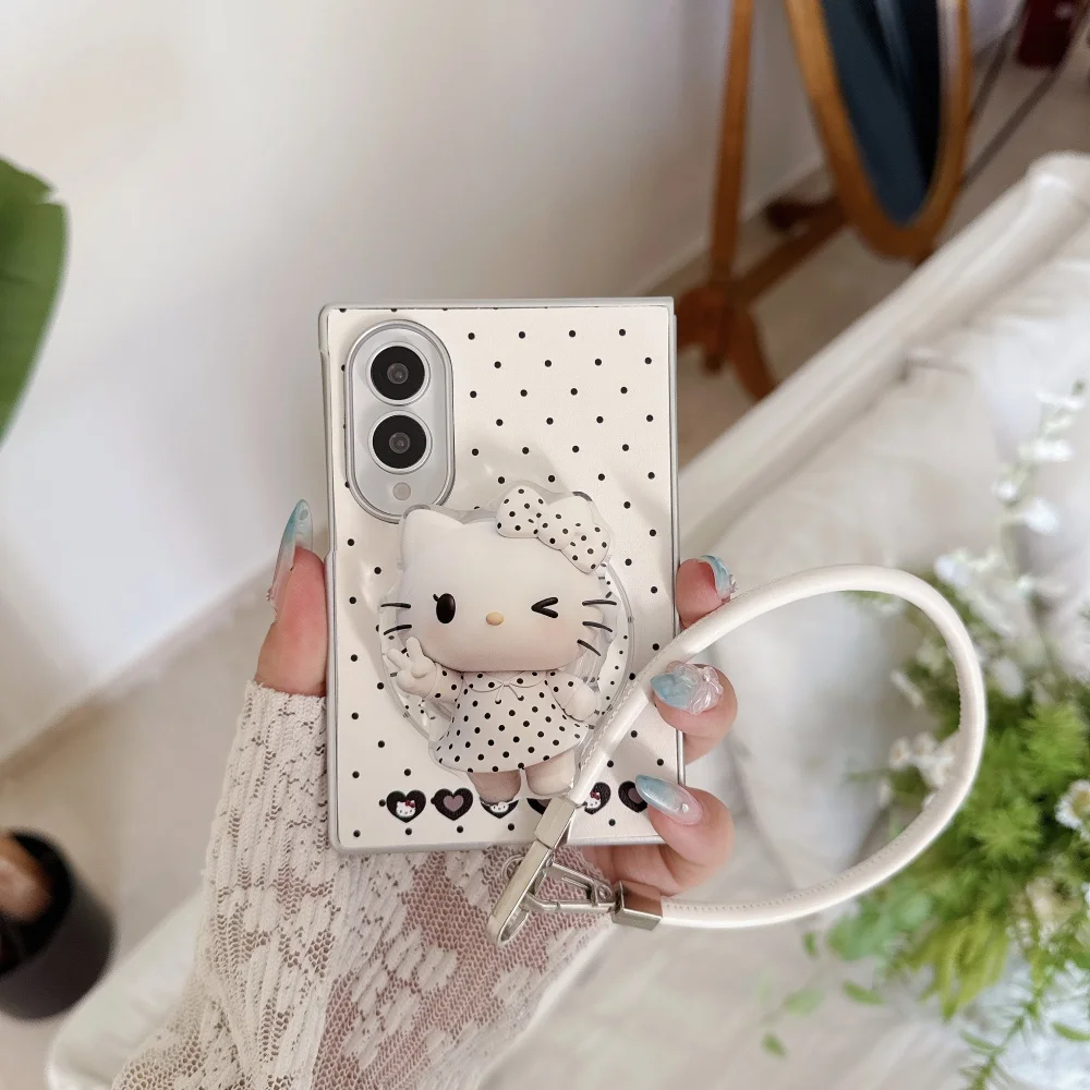 Kawaii New Cartoon Cat Black Polka Dot Phone Case for Samsung Galaxy Z Fold 8 Cover with Wink kitten Magsafe Stand Anti Drop Set