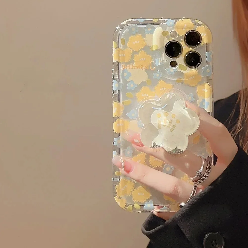 Coque de téléphone à fleurs artistiques mignonnes avec support, étui Transparent pour iPhone 16 17 Pro Max 15 14 13 12 11 Pro Max 7 8 Plus 17Air