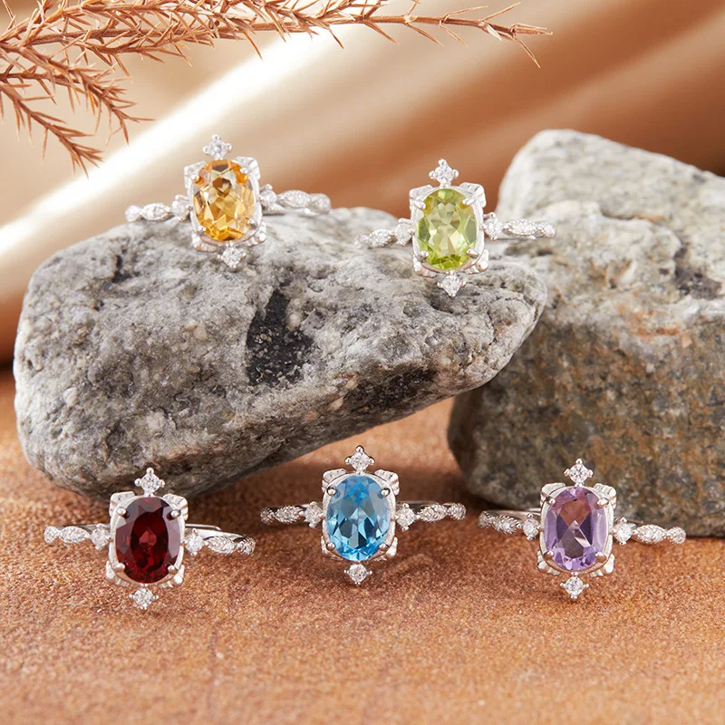 Girls' Natural Amethyst, Yellow Crystal, Topaz, Olivine Ring, 925 Pure Silver, Electroplated Platinum, Christmas Gift for Girlf