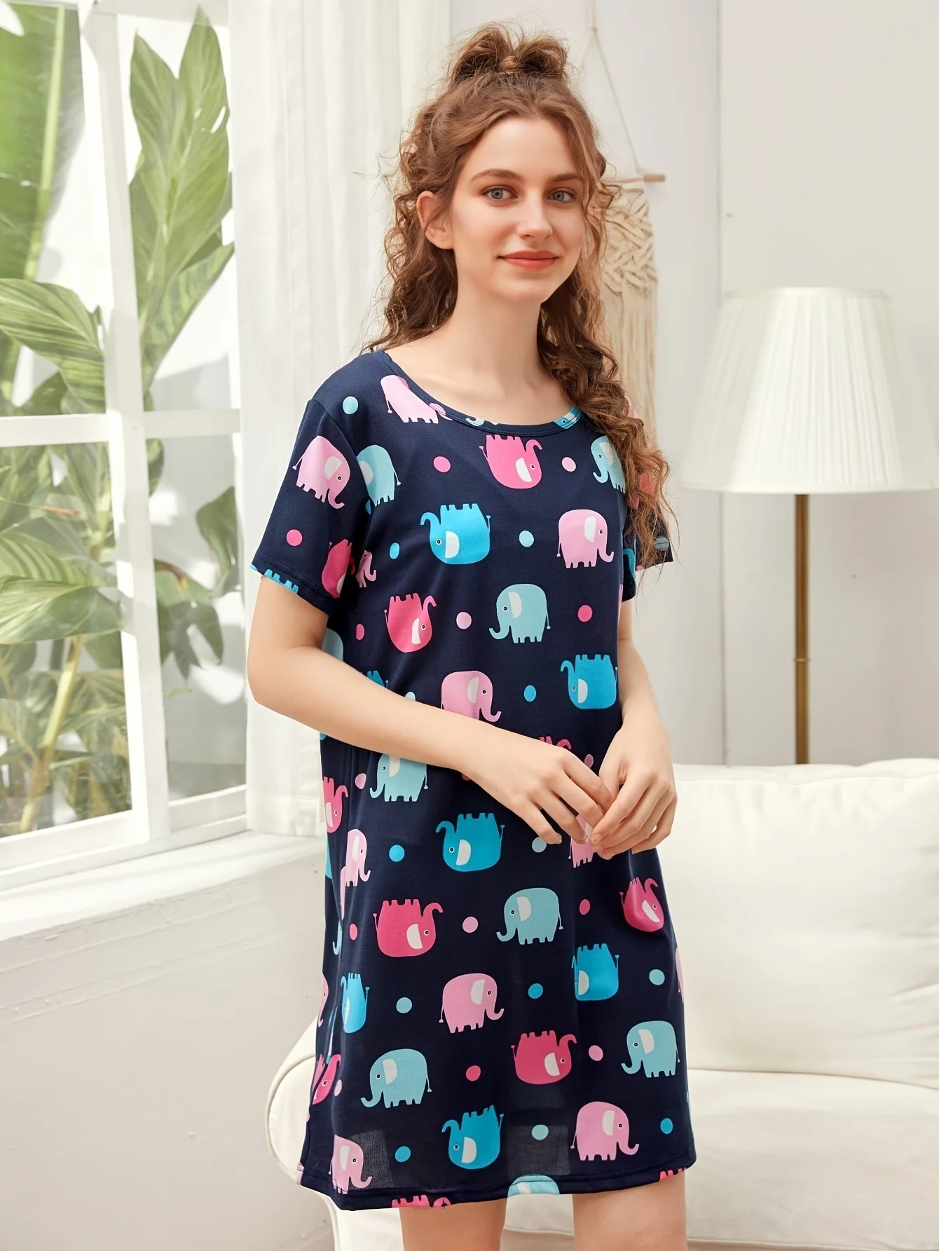 

Plus Size Women's Stretchy Nightgown Oversized Short Sleeve Round Neck Dress Cute Wind Elephant Print Women's Home Knee Skirt