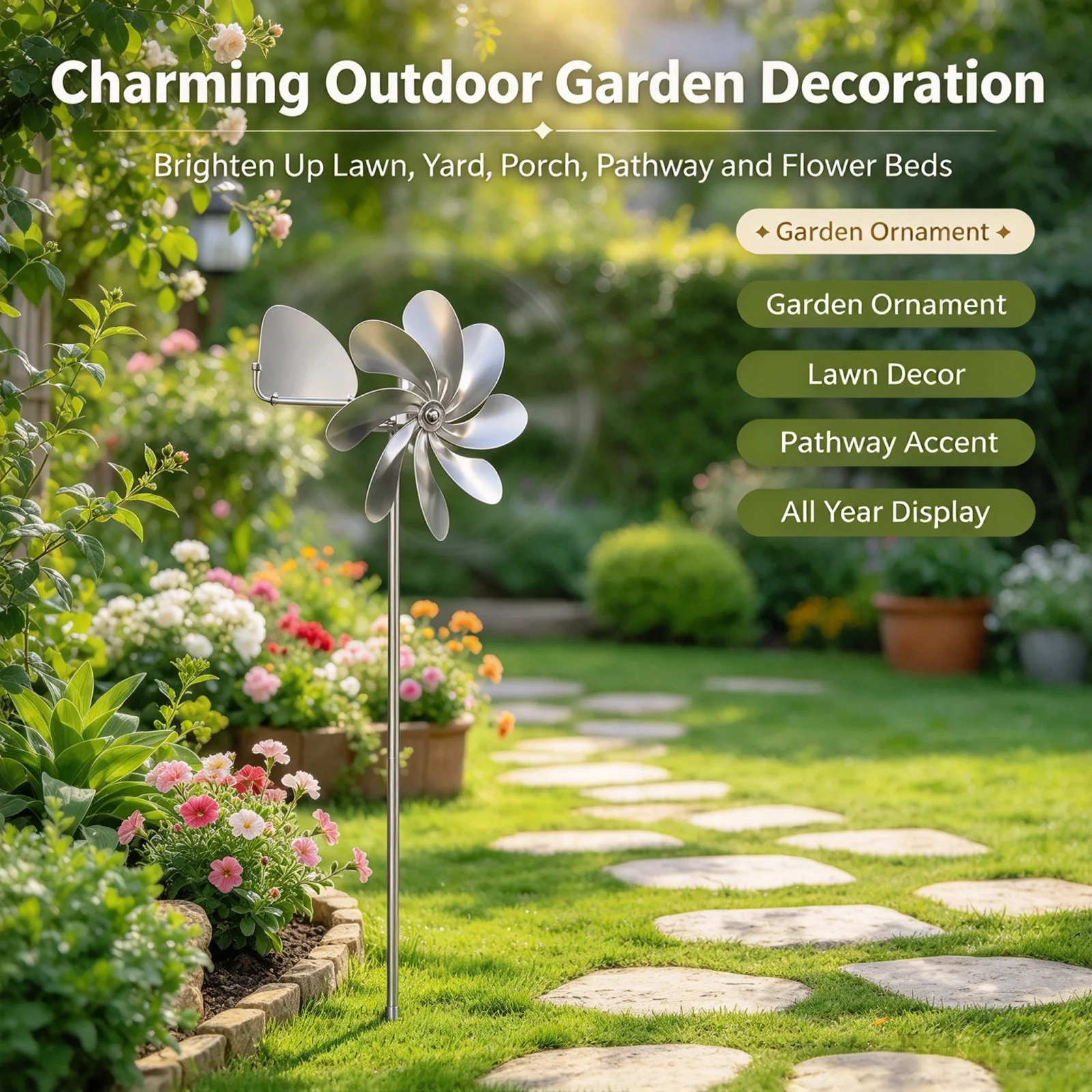 Stainless Steel Wind Spinner Garden Stake Weatherproof Outdoor Windmill Sculpture for Yard Lawn Pathway Home Art Decor