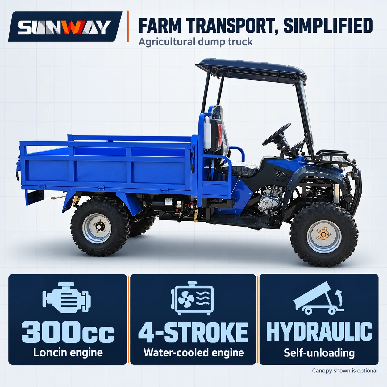 Single Cylinder 300cc Agricultural Transport Truck Water Cooled Four Stroke Engine Hydraulic Dump Bed