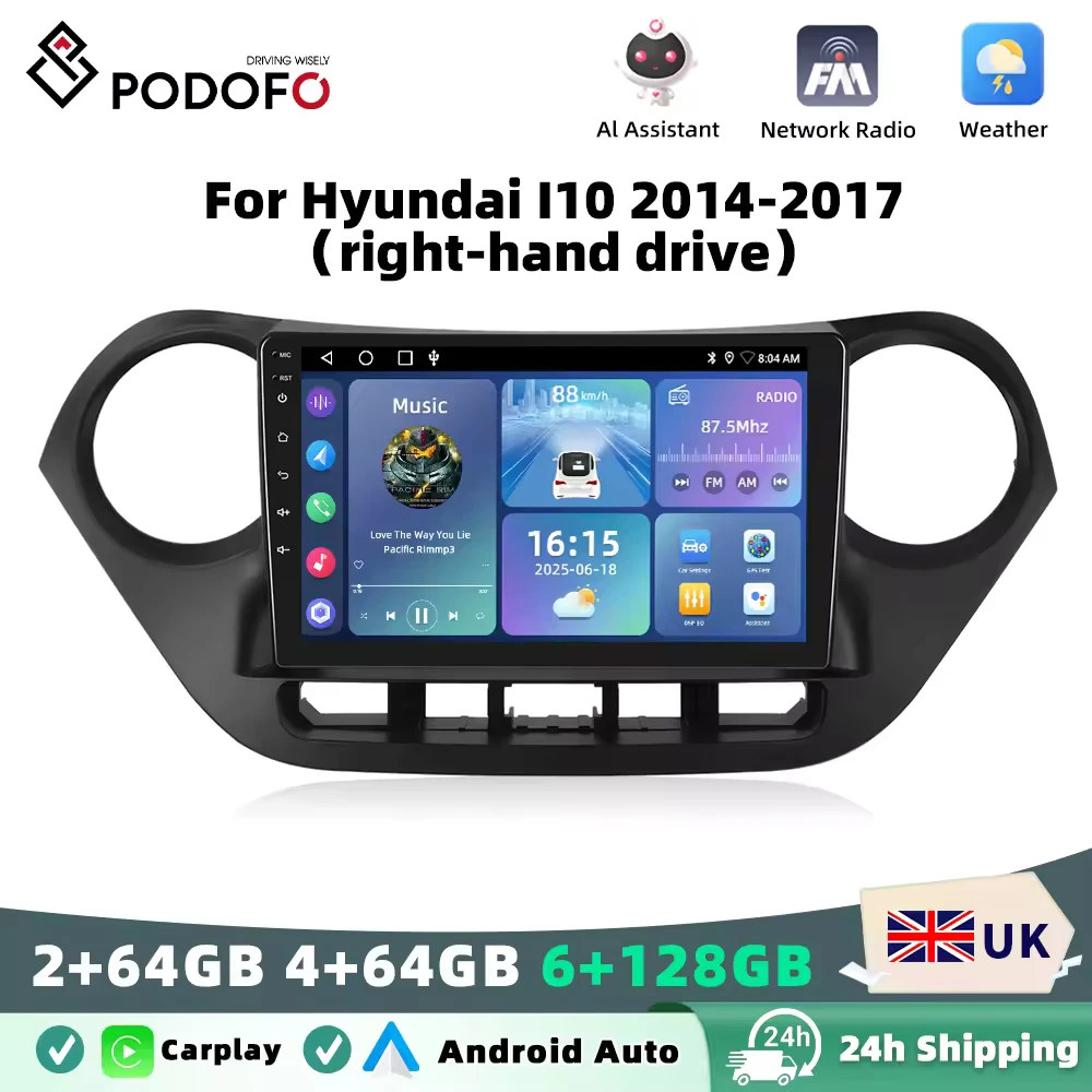 Podofo Android Car Multimidia Player For Hyundai I10 2014-2017 Auto Radio GPS Navigation Carplay Touch Screen NO 2DIN DVD