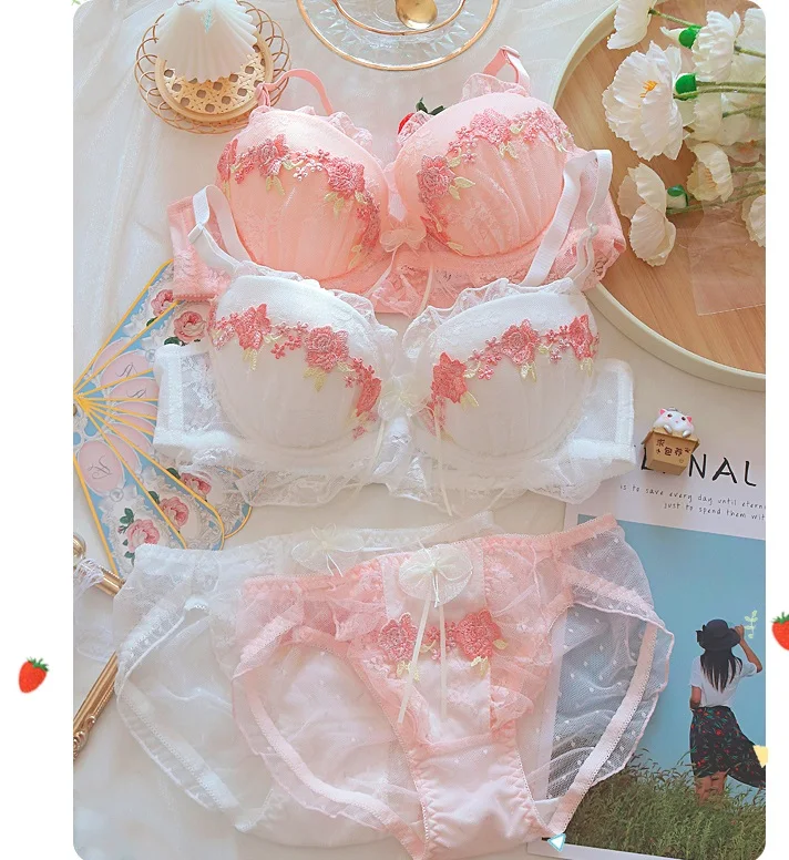 Sweet girl underwear suit lace water soluble flowers comfortable with steel rings gathered lingerie panty sets large size bra