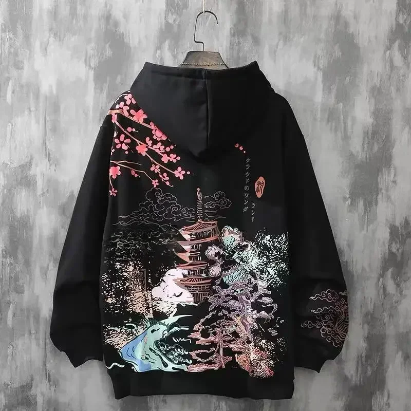 Bluzy z kapturem dla mężczyzny biała odzież męska Punk czarna haftowana Harajuku moda jednoczęściowa Overfit luźne bluzki z kapturem zimowa — zdjęcie 2