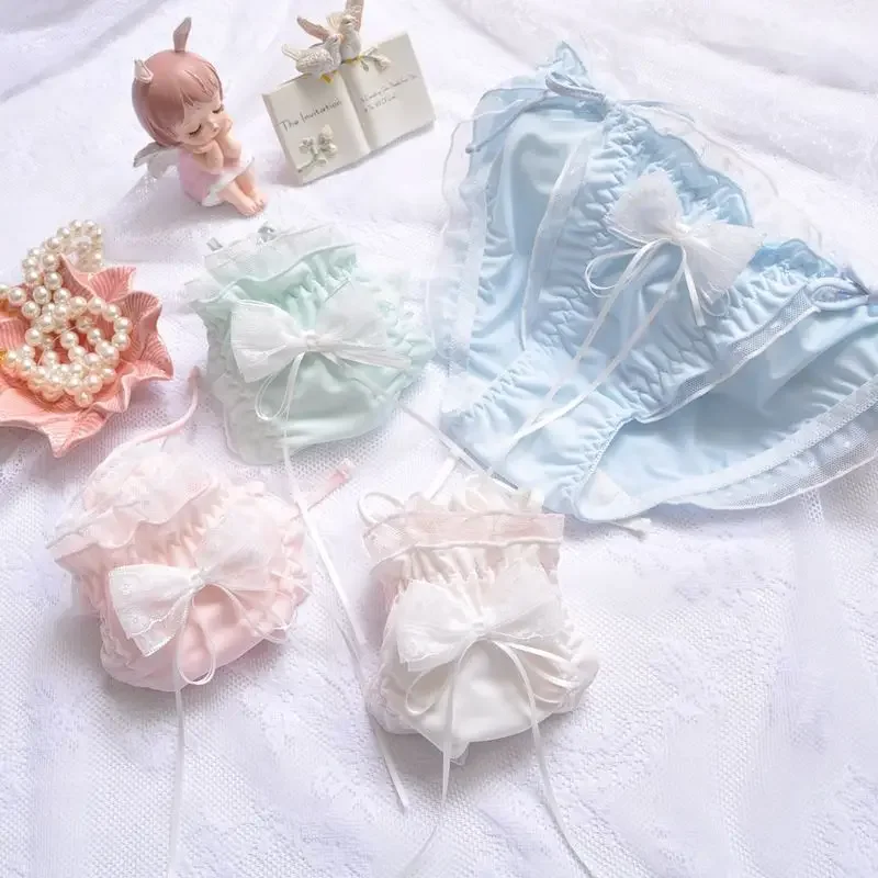 Wzburzyć śliczne piękne Sweety sznurowanie kokardka mleczny jedwab bielizna w stylu księżniczki majtki o wysokiej rozciągliwości oddychające wstążki Lolita figi — zdjęcie 2