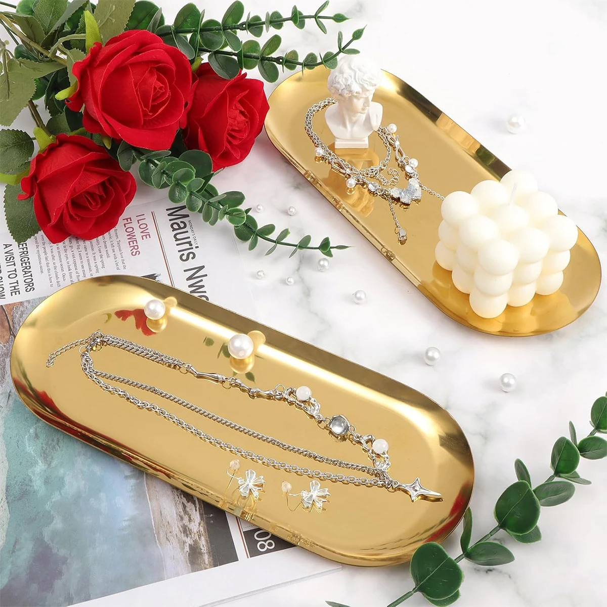 1pc Stainless Steel Jewelry Tray, Decorative Vanity Tray, Makeup Organizer, Bathroom Tray, Small Storage Tray, Available In Gold