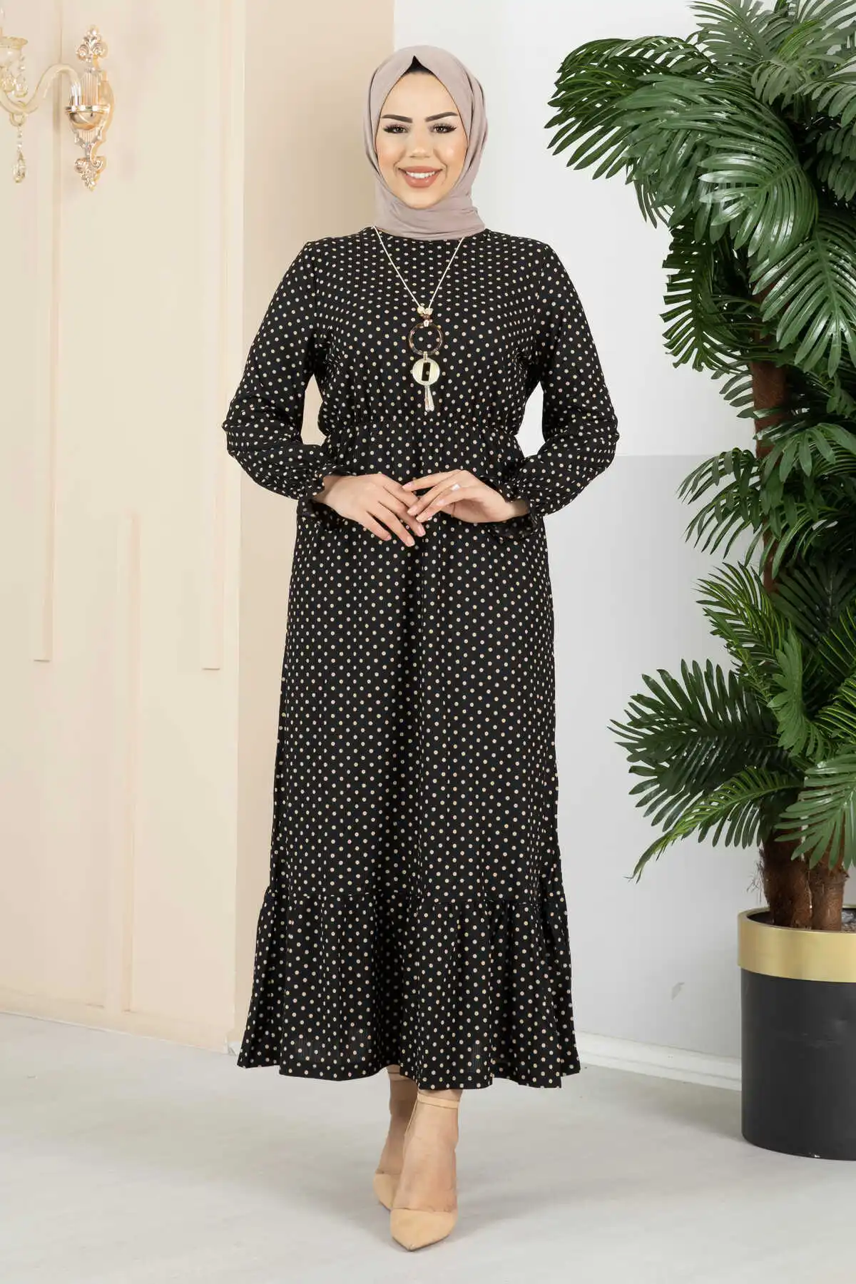 Polka Dot Patterned Hijab Dress Vintage Muslim Dress Women Middle East Abaya Hijab Luxury Long Sleeve Green Turkey Dresses For