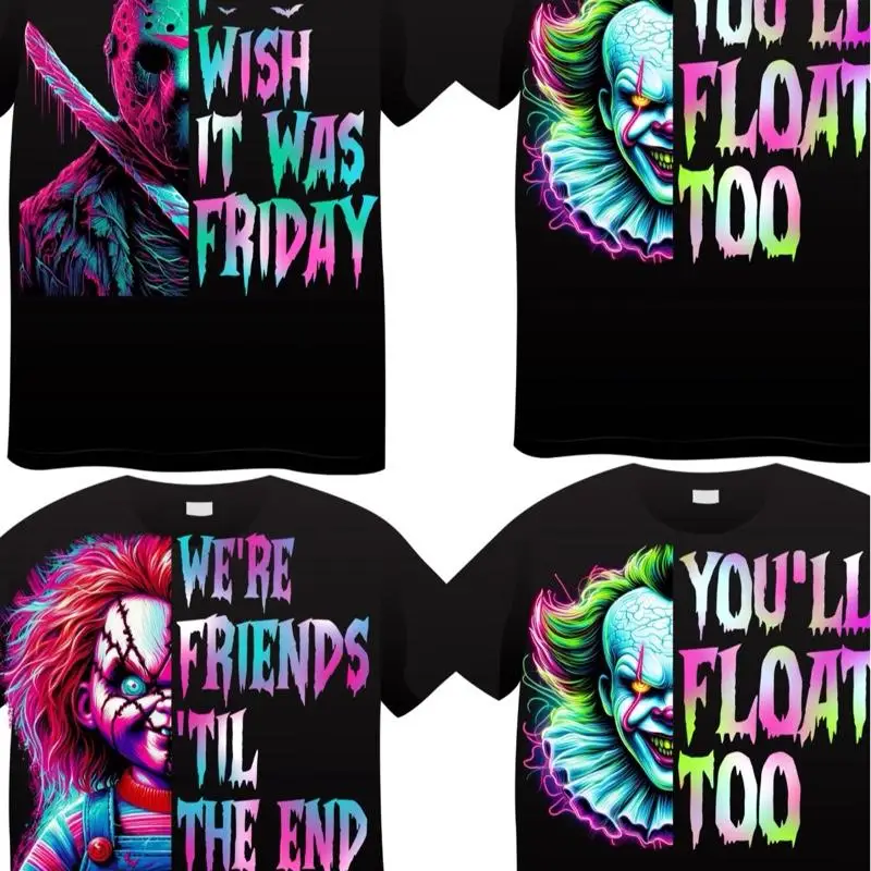 

Half and Half Halloween Character Top Funny Graphic Tees Summer Breathable Fashion O-Neck Short Sleeve Casual Loose Clothing