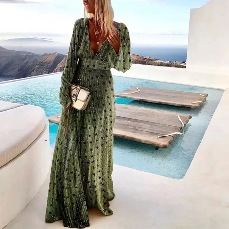 Groene Gradiënt Gevlekte Print Maxi Jurk Voor Vrouwen Lange Mouwen V-Hals Lange Jurk Elegant Feest Temperament Avondjurk Vestidos - afbeelding 2