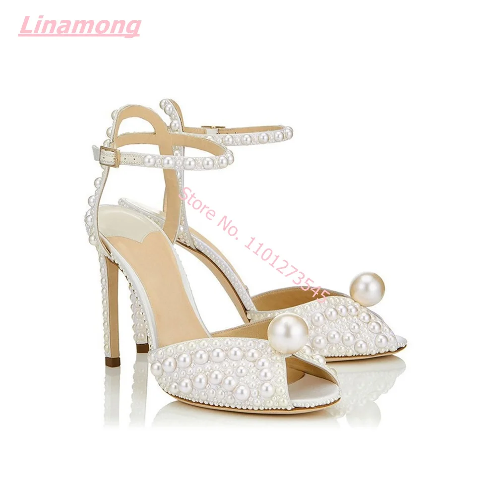 Summer New Luxury Women Sandals Solid Elegant Pearl Crystal Peep Toe Leather Thin High Heel Ankle Buckle Wedding Party Shoes