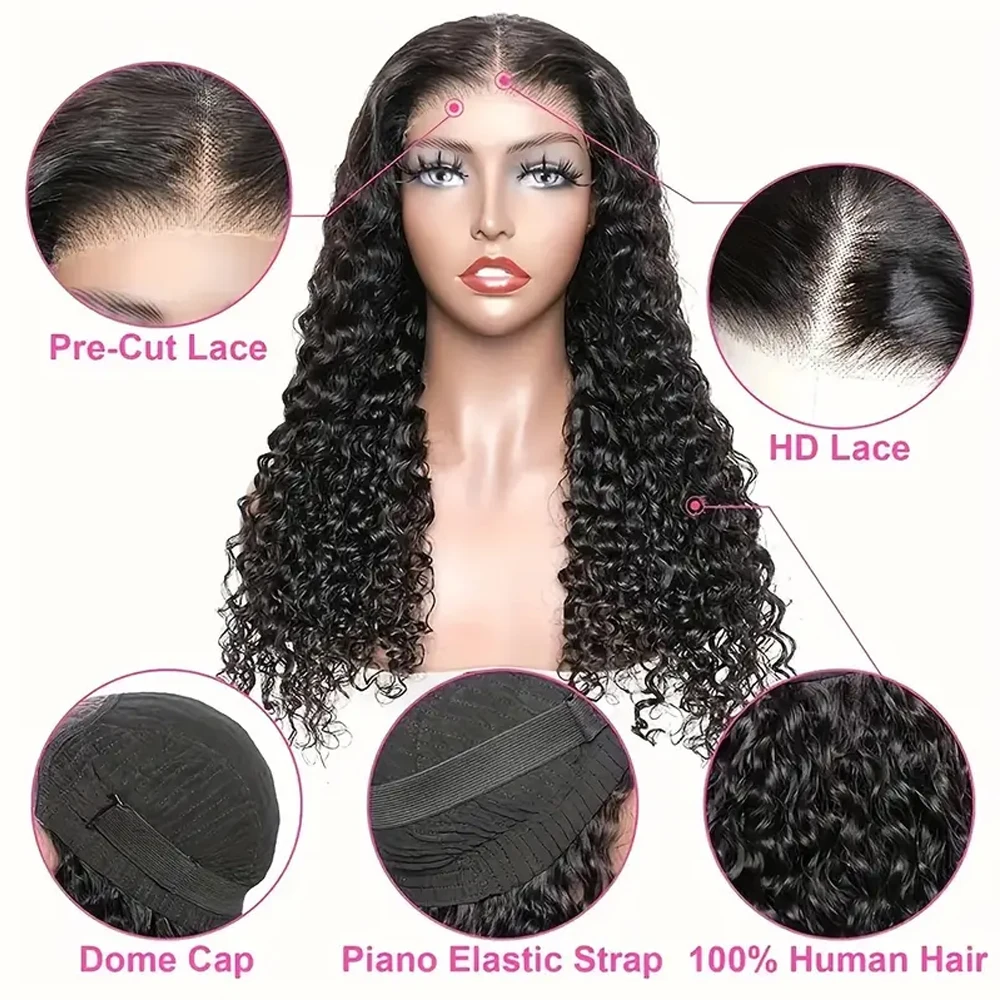 Wig Rambut Asli Tanpa Lem 250% Put On And Go, Pre Plucked Pre Cut 5x5 13x4 Deep Curly Wave Lace Closure Wig Rambut Asli Front Wig
