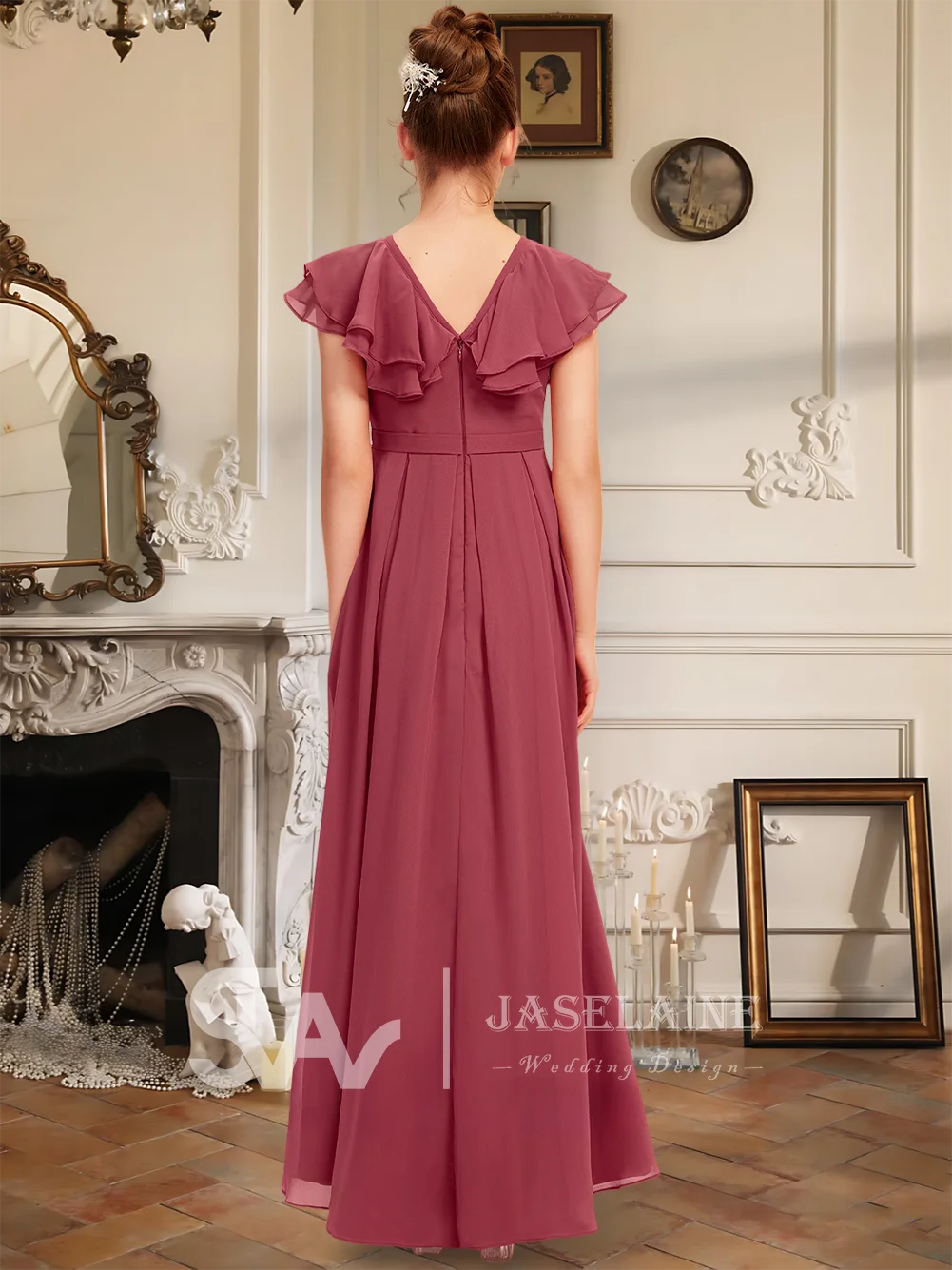 A Kids A Line V Neck Floor Length Chiffon Junior Bridesmaid Dress With Bow Short Sleeve Flower Girl Dress Wedding Party Formal