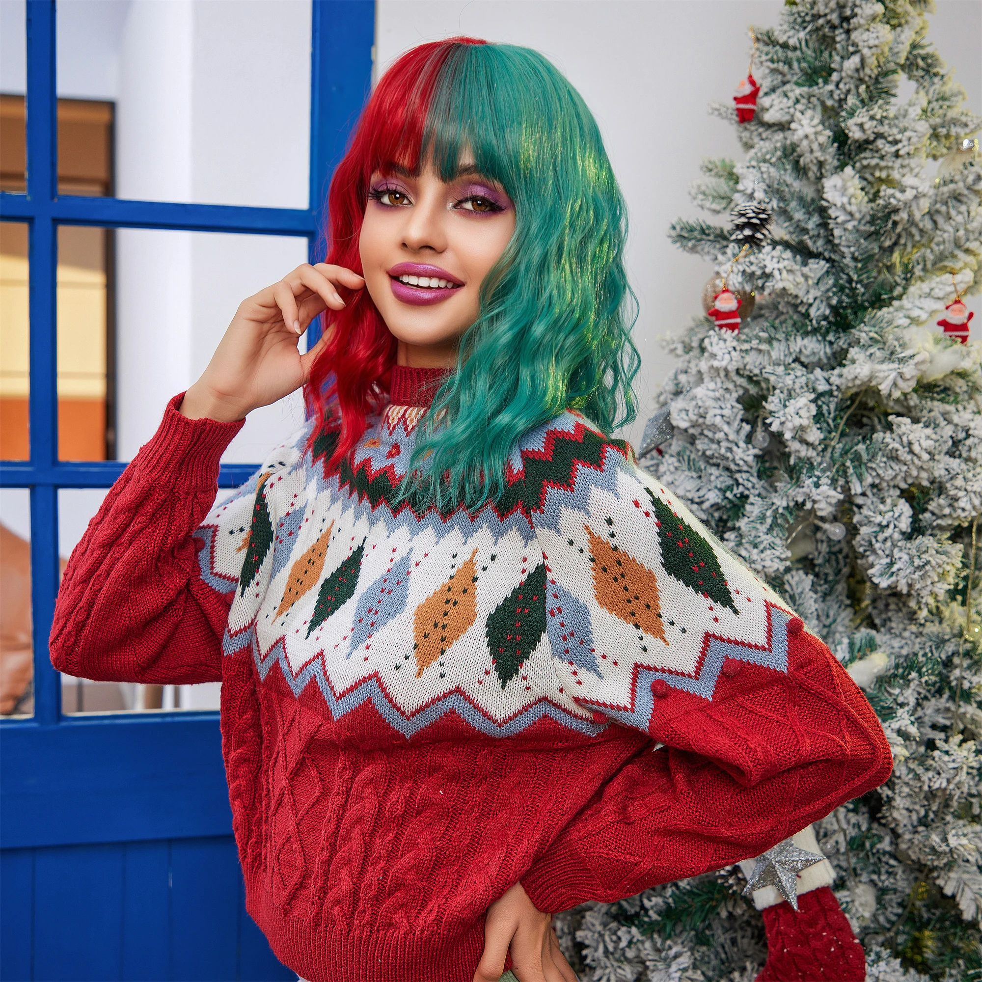 CharmSource شعر مستعار قصير بوب الأحمر والأخضر الباروكات مع الانفجارات الباروكات الاصطناعية عالية الجودة فستان المرأة تأثيري الأصلي