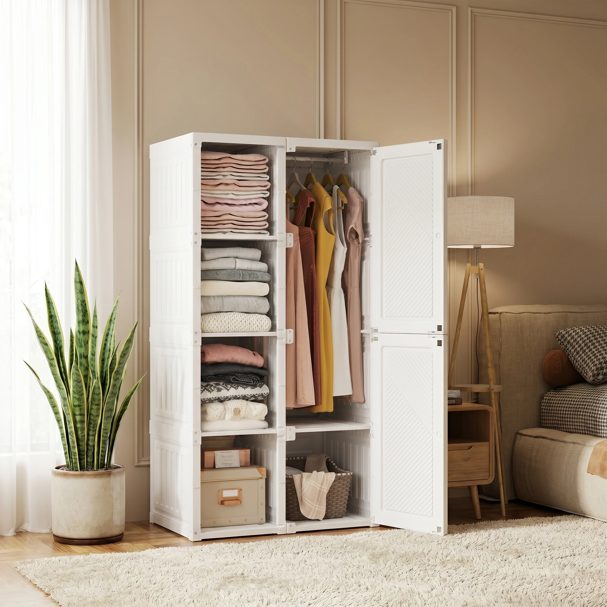 Superaly 136 x 69 x 50 cm Schlafzimmerschrank, Moderner 6-türiger Kleiderschrank mit 5 Fächern, 1 Kleiderstange und Stauraum, Weiß