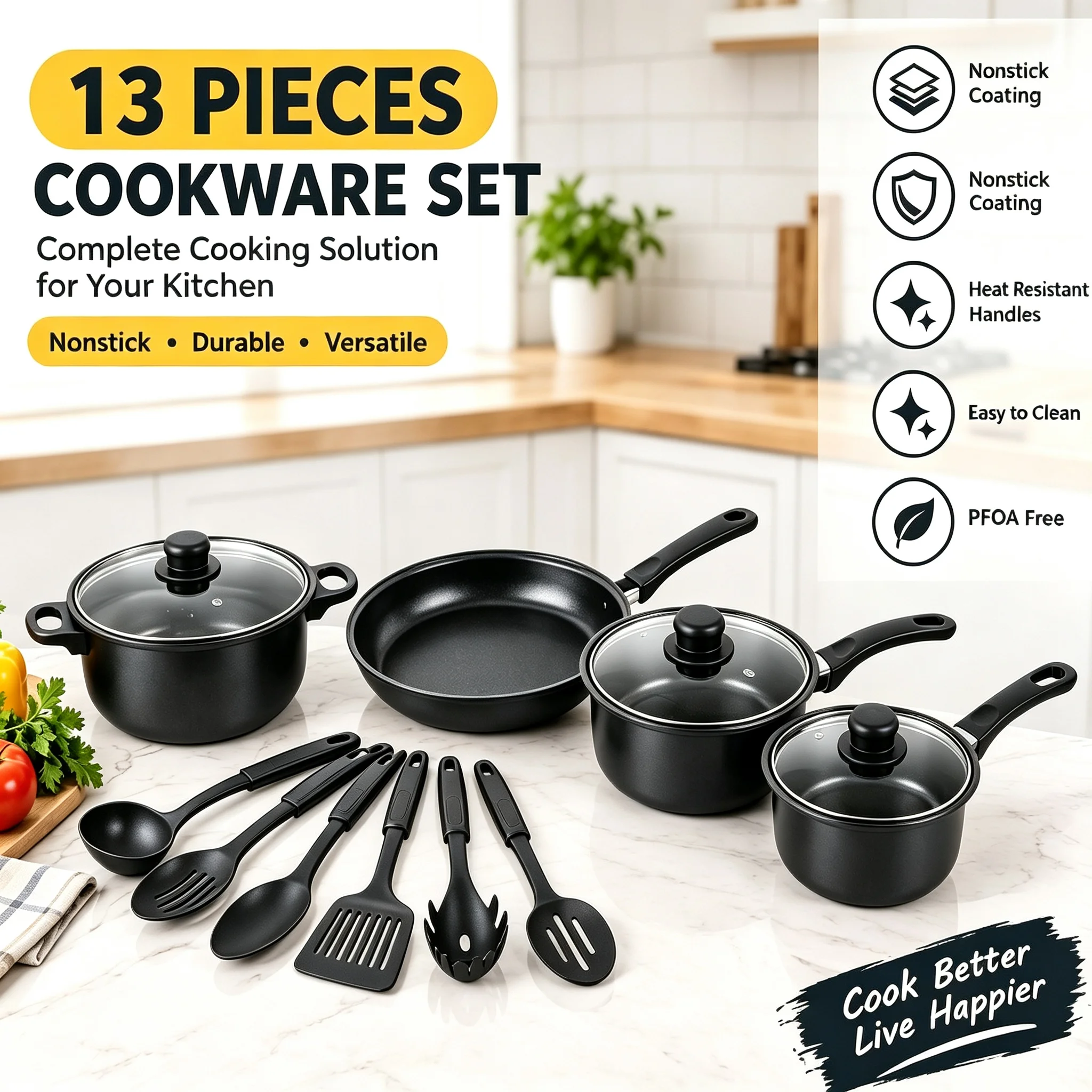 13-Piece Nonstick Pots and Pans Set, Black Cookware Set with Frying Pan, Saucepan, Stockpot & Kitchen Utensils, Induction Compatible
