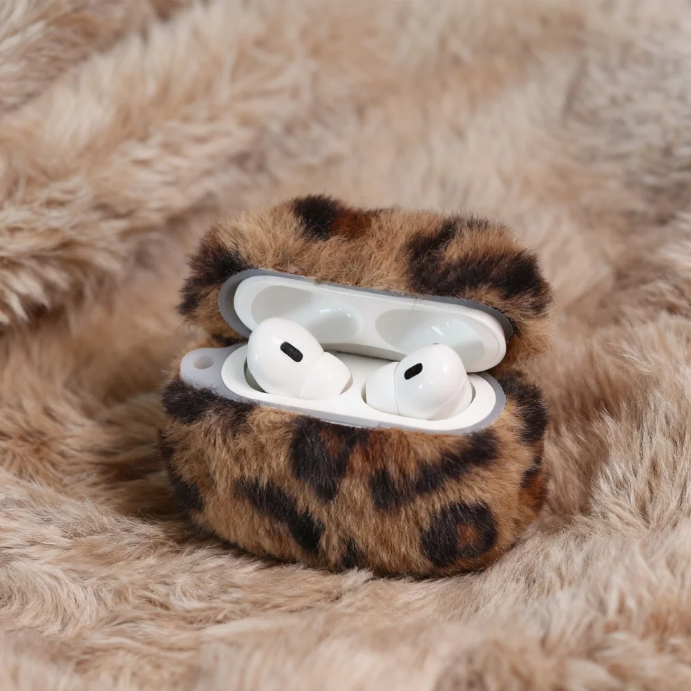حافظة واقية لسماعات الرأس بطبعة الفهد من القطيفة اللطيفة لأجهزة AirPods 4/3/2 Pro/2/4، حافظة واقية لطيفة وشعبية مقاومة للصدمات